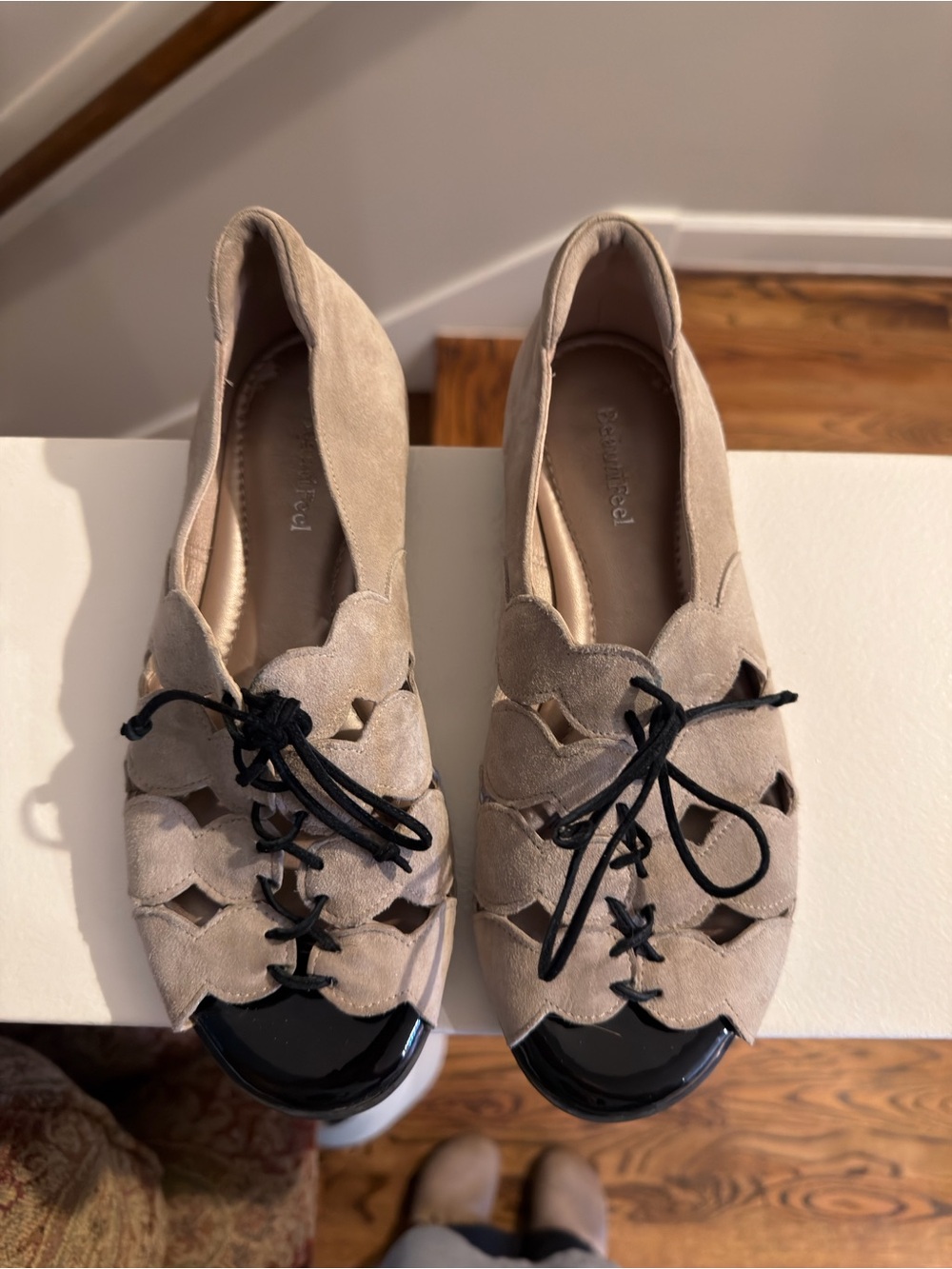 BeautiFeel Beige and Black Scalloped Lace-Up Flats